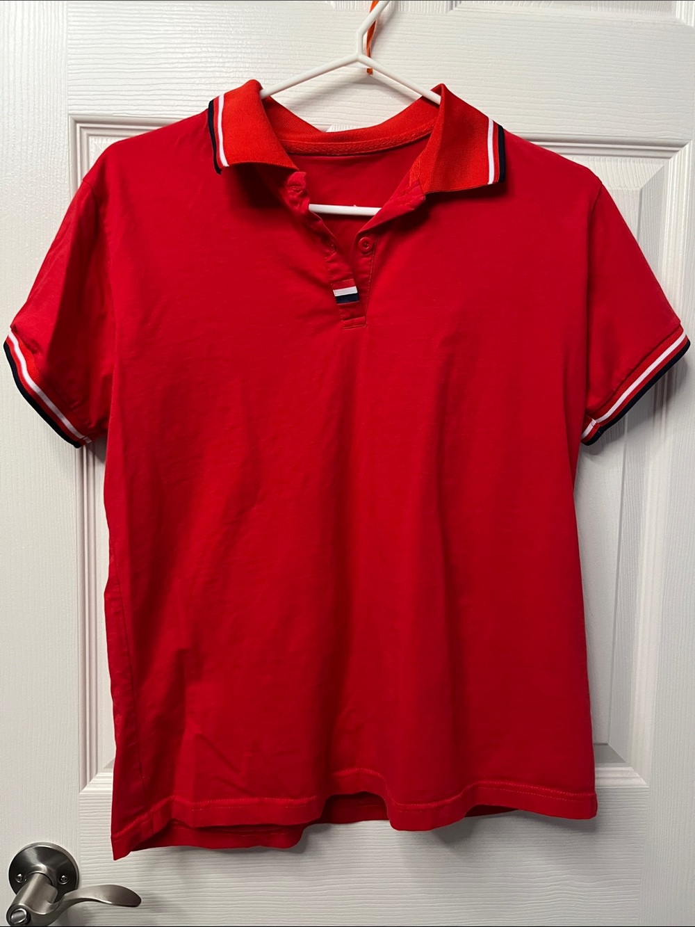Women's Red Short-Sleeve Polo Tee Contrast Trim Office Business Casual Cotton